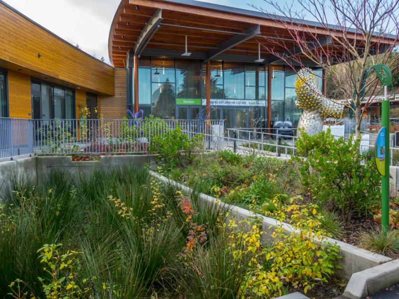 Flow-through planters designed to capture and manage water at the Oregon Zoo's Education Center. 