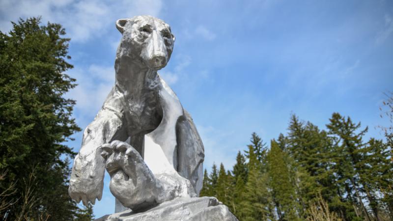 A 9-foot-tall aluminum sculpture depicting a figure that is half polar bear and half melting ice.