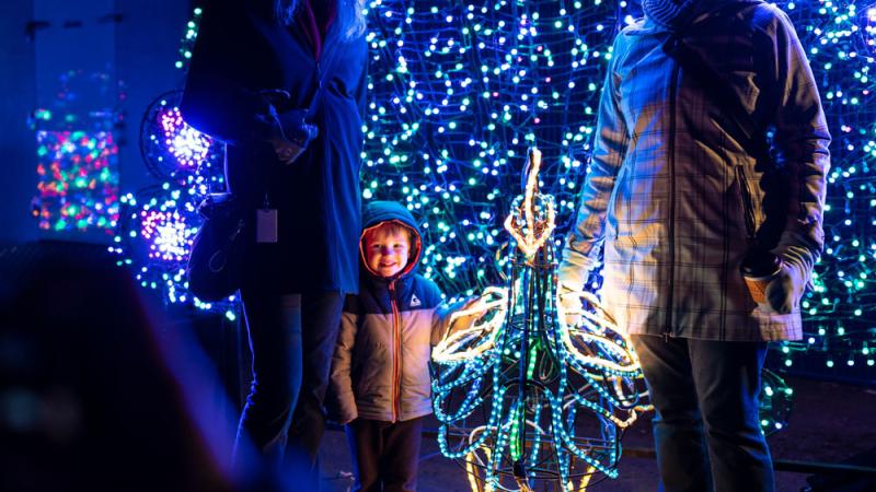 family posing in front of peacock light sculpture