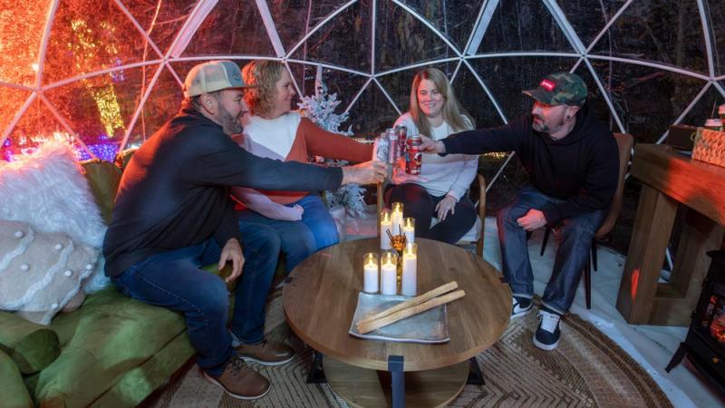 friends in furnished geodesic globe at ZooLights