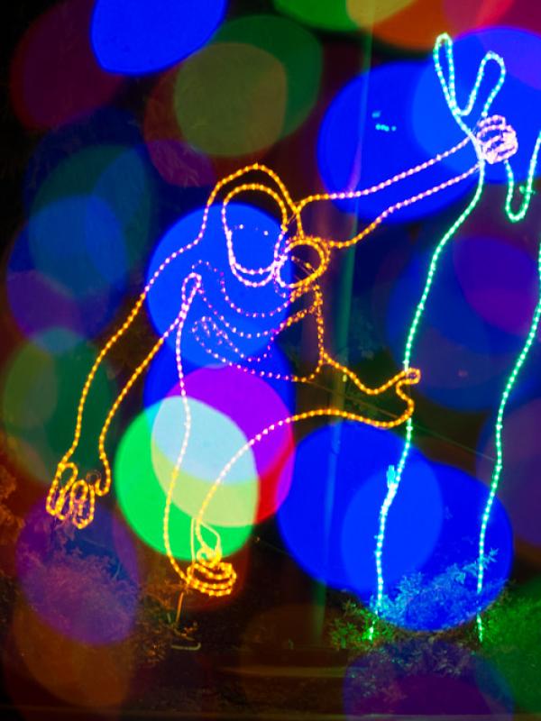 An orangutan light display at Zoo Lights. 