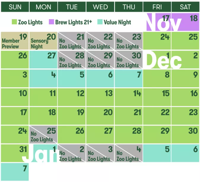 A calendar displaying all of the dates for Zoo Lights 2023.