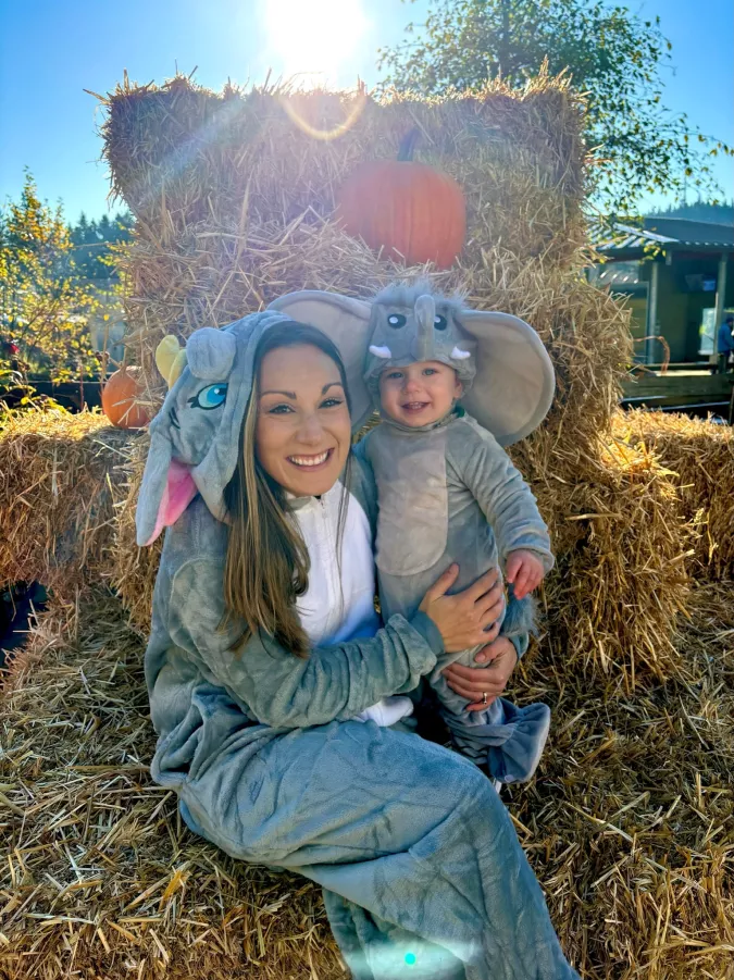 Mother and baby dressed as elephants