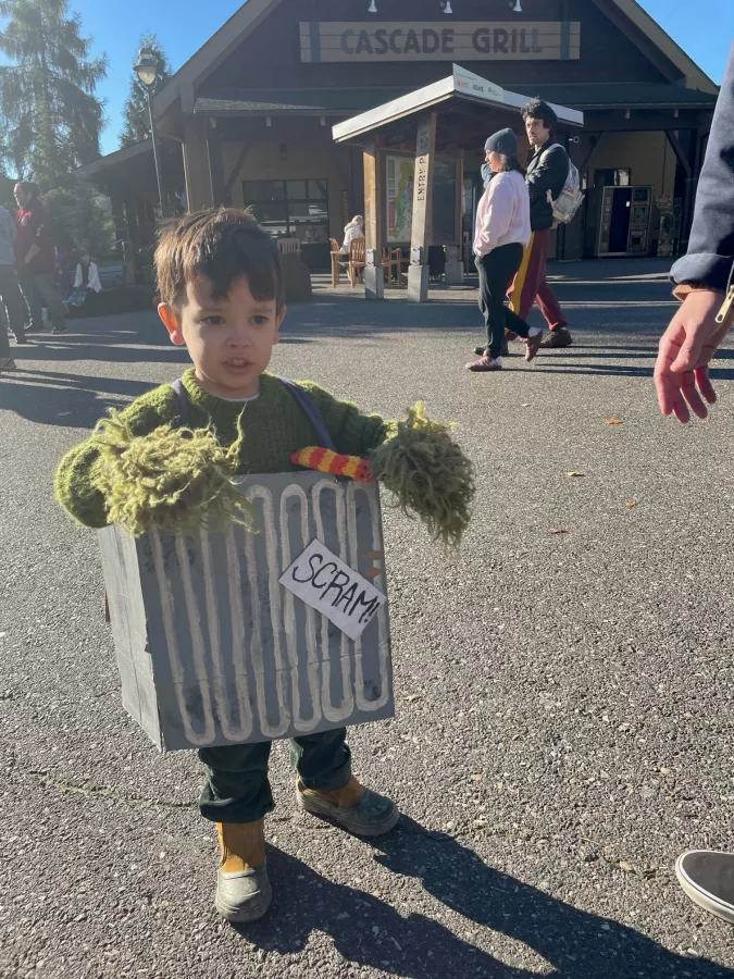 a young child dressed as Oscar the Grouch