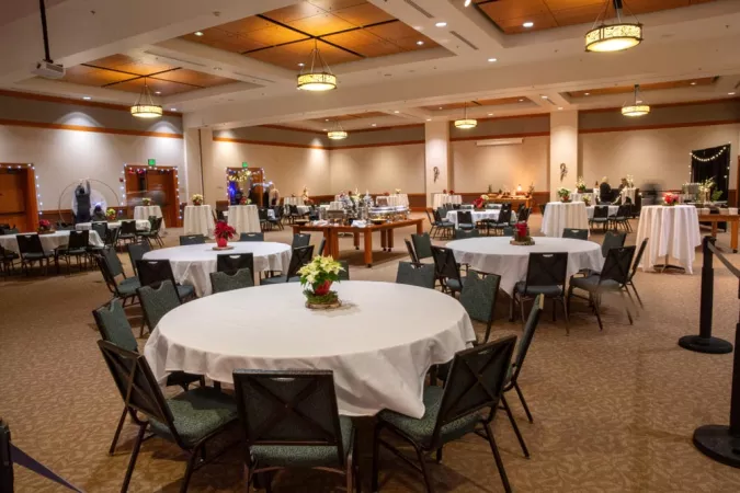 holiday banquet setup in Cascade Crest Ballroom
